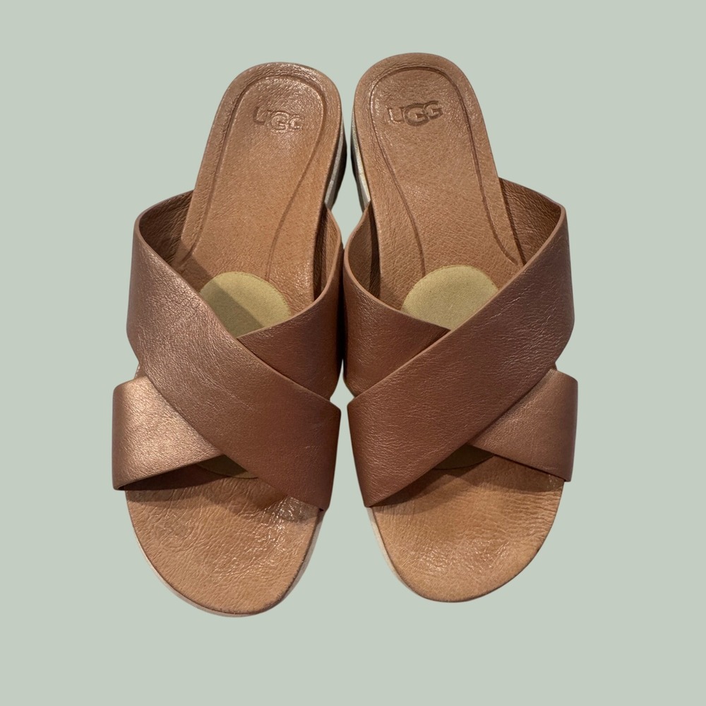 UGG Kari Metallic Rose‎ Gold Leather Crisscross Slide Sandals Womens 9